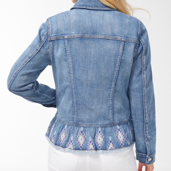 Chicos Embroidered Peplum Denim Jacket - Picture 2 of 9